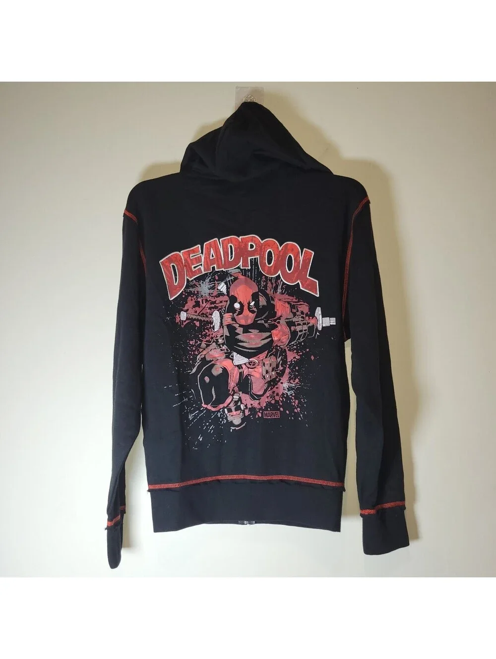Marvel Deadpool Men's Full Zip Hoodie Black Red Graphic Sweatshirt Small